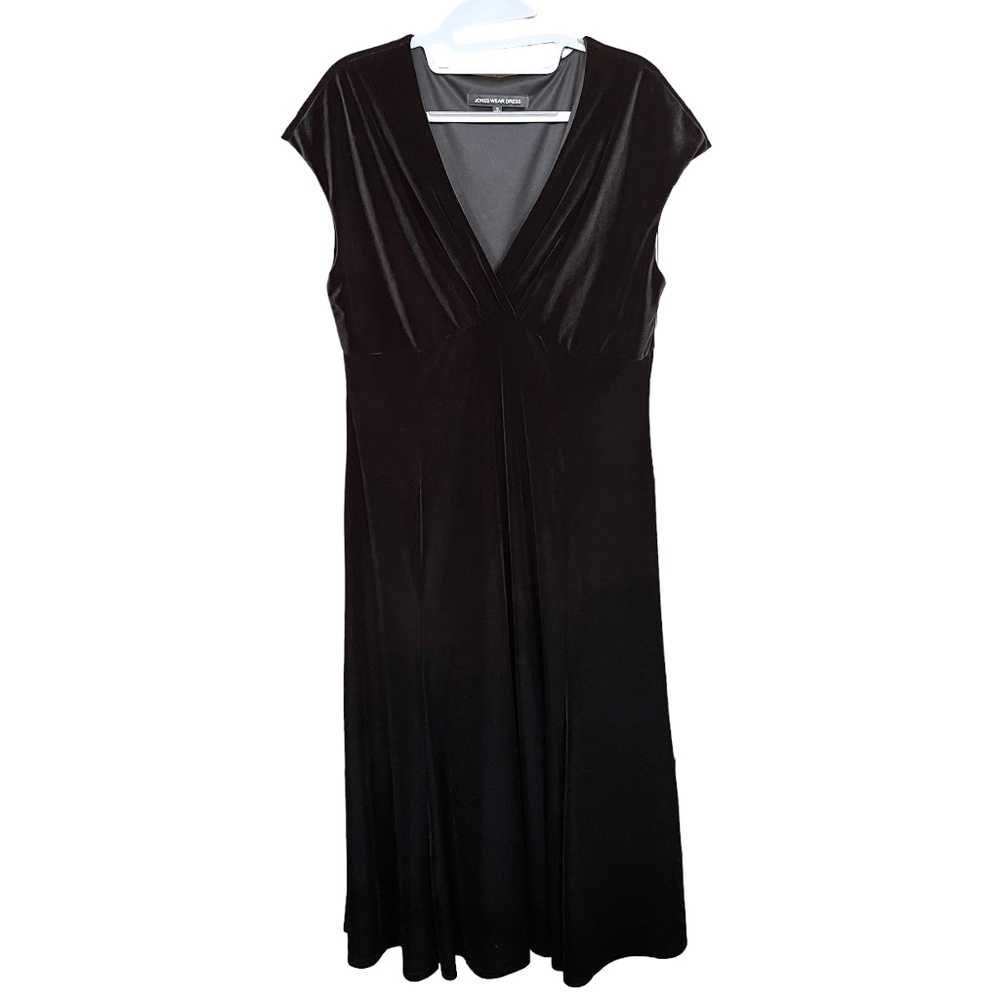 Vtg Jones Wear Dress Black Velvet Sleeveless V-Neck Midi Cocktail Dress Size 16